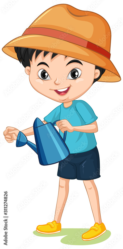 Boy with watering can on isolated background