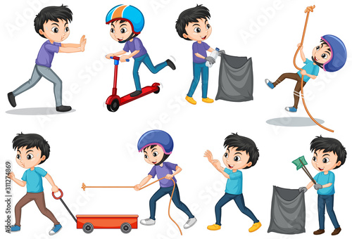 Set of boys doing different actions