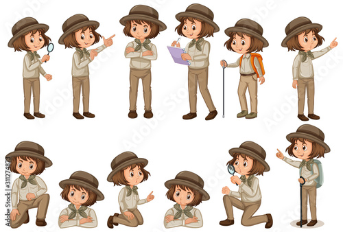 Set of girl in safari outfit doing different poses