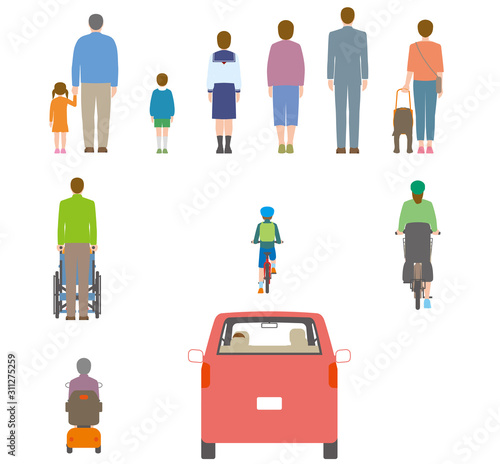 人、自転車、自動車を背後から見たイラスト