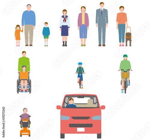 人、自転車、自動車を正面から見たイラスト