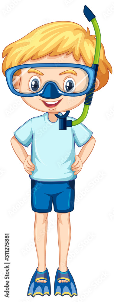 Boy in diving gear on white background