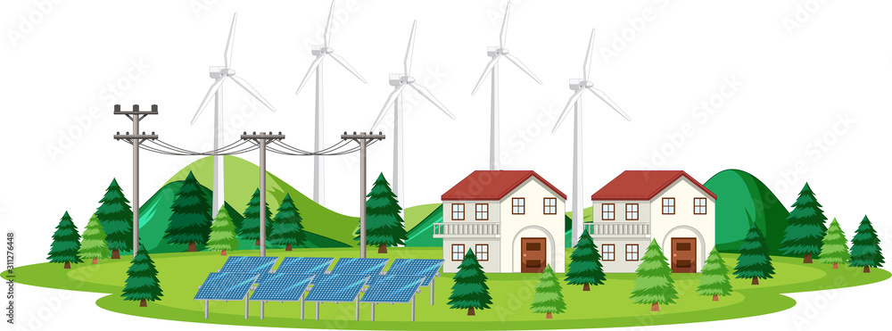 Scene with solar cell and wind turbines at home