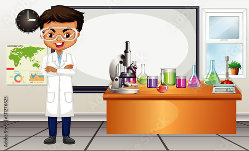 Classroom scene with science teacher and equipments