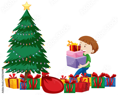 Christmas theme with kid and many presents