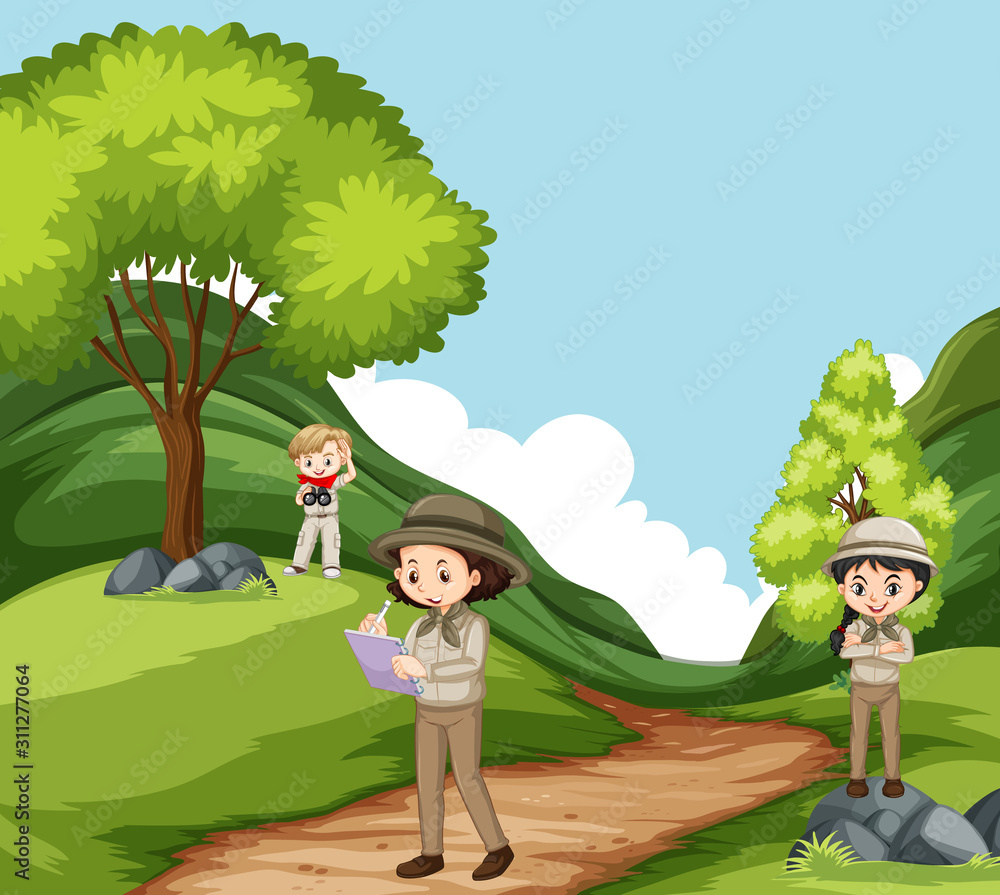 Scene with three children exploring nature in the park