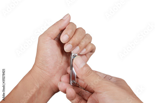 People cutting nails with nail clippers isolated on white background