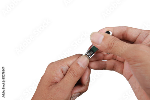 People cutting nails with nail clippers isolated on white background