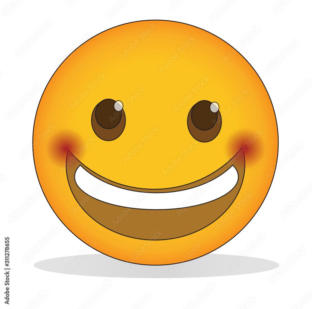 Vettoriale Stock Blushing smiling emoji. Flushed happy face emoticon is a  yellow face with wide smile showing upper teeth and blushing cheeks.  Expressing happiness, excitement, affection. | Adobe Stock