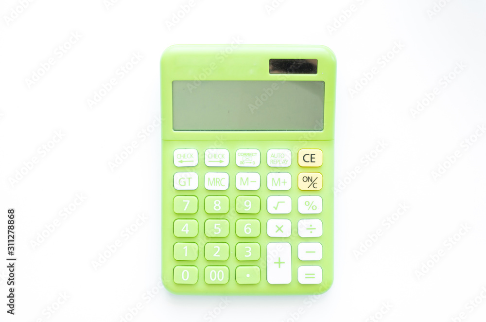 Green calculator on white background,with copy space and top view. Green calculator on white background,with copy space and top view.