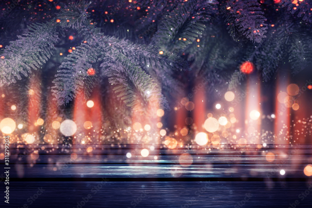 Dark winter background. Wooden table top in the foreground, winter landscape with bokeh in the background