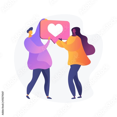 Young girlfriend and boyfriend in love. Modern romance, relationship status, internet flirt. Couple holding like symbol, heart sign together. Vector isolated concept metaphor illustration
