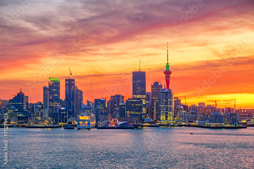 Panorama sunset view of Auckland city skyline in New Zealand