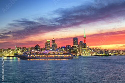 Luxury cruise ship departing New Zealand largest city in Auckland, North Island