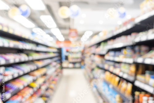 Fotografiet abstract blur shelf in minimart and supermarket