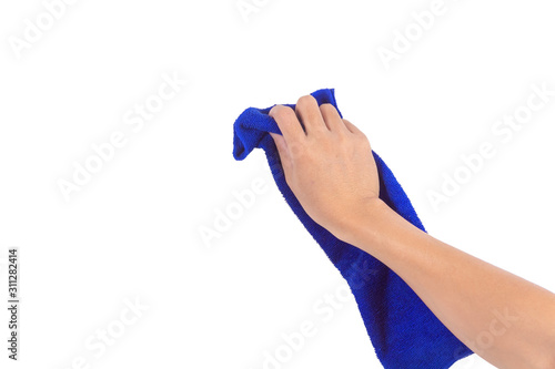 Man's hand holding blue microfiber cloth for cleaning isolated on white background. Concept is to clean house glass, auto glass, dining table, desk.