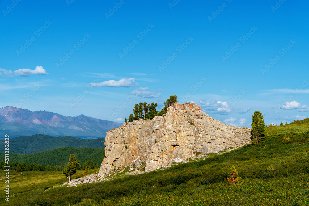 Panoramic landscape of the mountain range. Stone cliff with trees at the top in the foreground.
