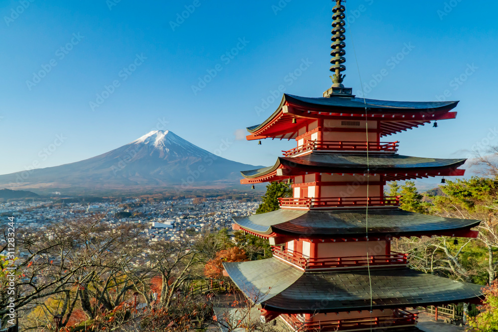 Mt. Fuji viewed from behind Five Storied Pagoda “Chureito” at Fujiyoshida city Yamanashi pref Japan.