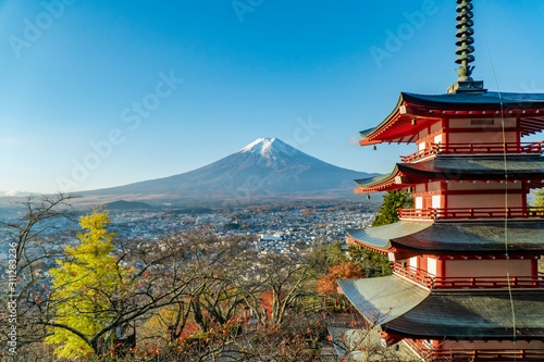 Mt. Fuji viewed from behind Five Storied Pagoda    Chureito    at Fujiyoshida city Yamanashi pref Japan.