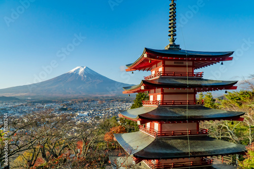 Mt. Fuji viewed from behind Five Storied Pagoda    Chureito    at Fujiyoshida city Yamanashi pref Japan.