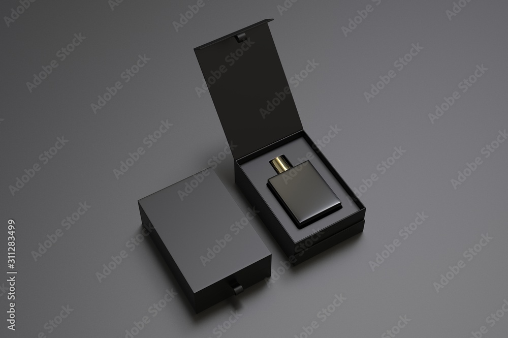 Obraz premium Blank perfume bottle in hard box for branding, 3d render illustration.