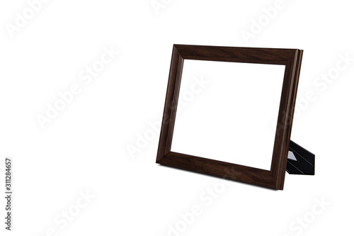 Wooden picture frame with stand isolated on white background.