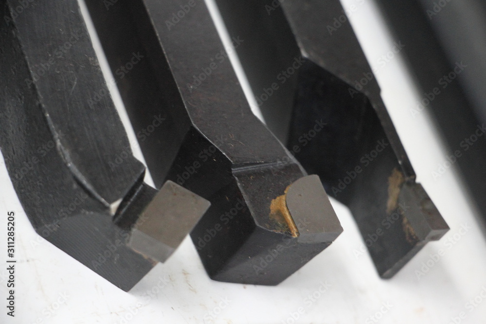 Lathe turning tools with carbide tips close-up, Metalworking tools