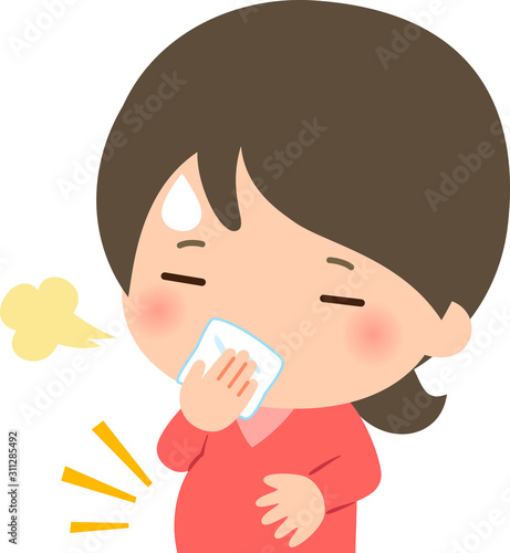 食べすぎでお腹が出た若い女性