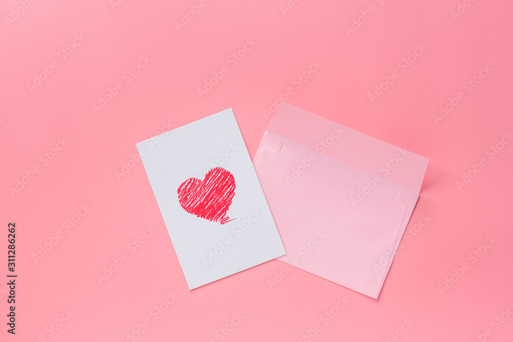 Valentine's day background. greeting card with pink hearth in envelope. Flat lay, top view, mockup, template, copy space. Minimal abstract composition for 14 February celebration