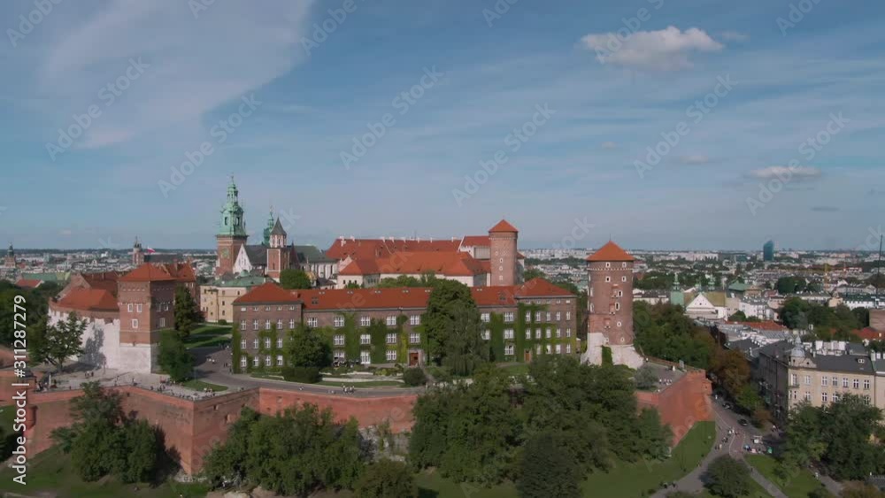 Circling drone shot of Wawel Castle in Krakow in Poland Circling drone shot of Wawel Castle in Krakow in Poland
