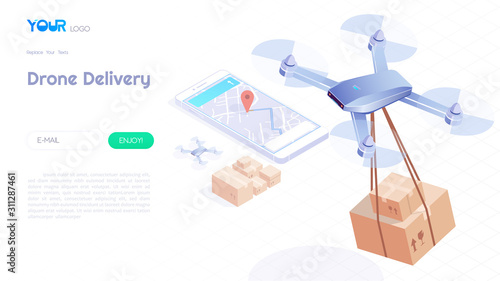 Drone delivery isometric concept, Fast delivery, Automated quadcopter flying over map and carrying a package to customer for web template. vector illustration.