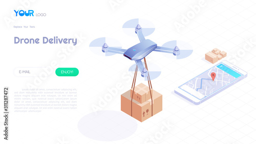 Drone delivery isometric concept, Fast delivery, Automated quadcopter flying over map and carrying a package to customer for web template. vector illustration.