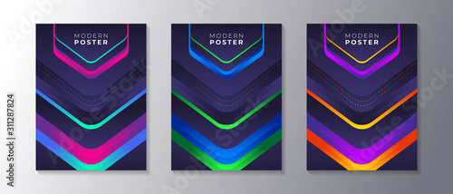 Modern Abstract Dark Background Cover set with glowing neon shape, applicable for poster, flyer, banner, magazine
