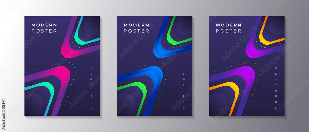 Modern Abstract Dark Background Cover set with glowing neon shape, applicable for poster, flyer, banner, magazine