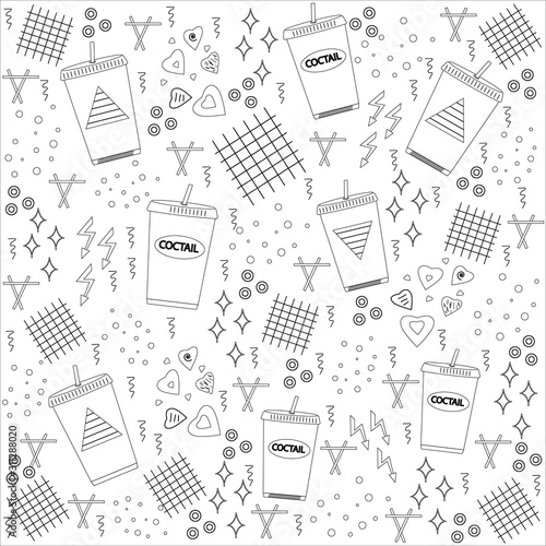 cocktail in plastic cups with lid and straw, black outline on white background, seamless pattern, vector