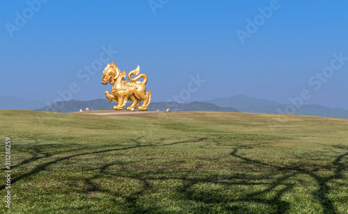 Spectacular curved tree shadows and Golden Lion statue at Singha park in Chiang Rai, Thailand photo