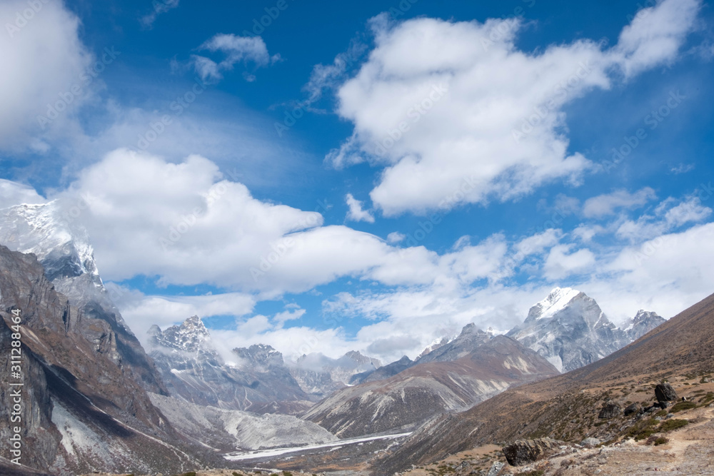 Himalayas landscape view with blue sky. Sagarmatha national park, Everest area, Nepal