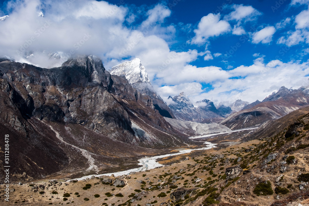 Himalayas landscape view with blue sky. Sagarmatha national park, Everest area, Nepal