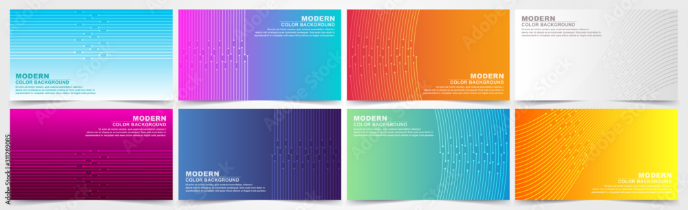 collection of colorful gradient banners with geometric textures and abstract lines.
