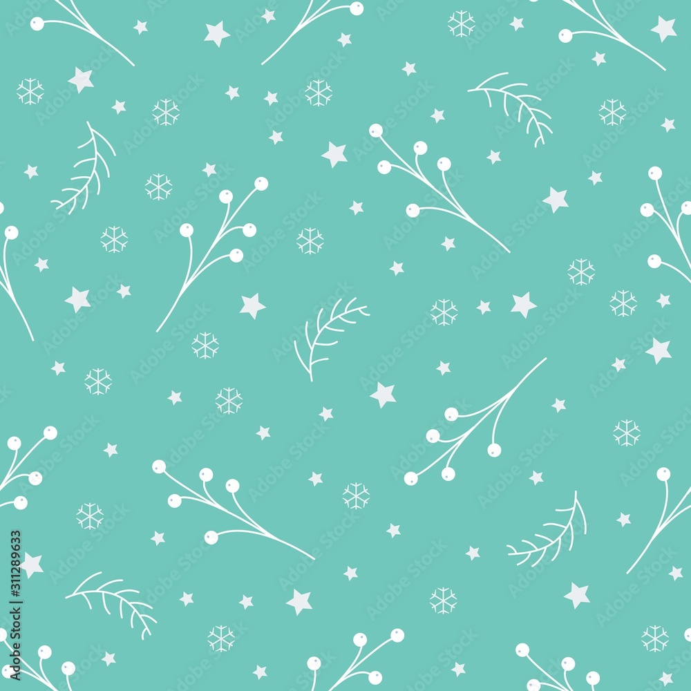Seamless pattern with berries and spruce branches on a blue background. Vector illustration.
