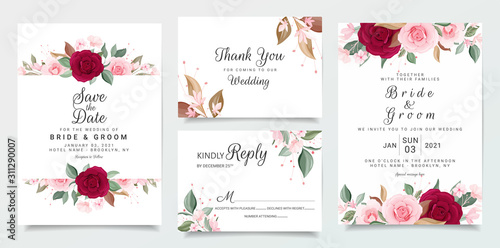 Wedding invitation card template set with floral decoration. Red and peach roses flowers illustration for save the date, invitation, greeting card, poster vector