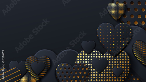 Valentines Day background with black hearts and gold pattern. Gold luxury cover on dark background. Black holidays poster, card, add, header, website, article for valentines day.