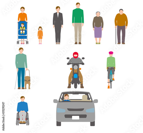 人、自転車、自動車を正面から見たイラスト