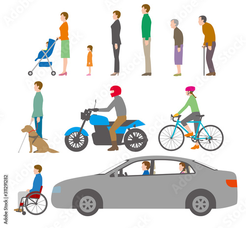 人、自転車、自動車を側面から見たイラスト