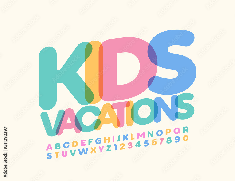 Vector bright logo Kids Vacation with creative Font. Colorful Alphabet Letters and Numbers