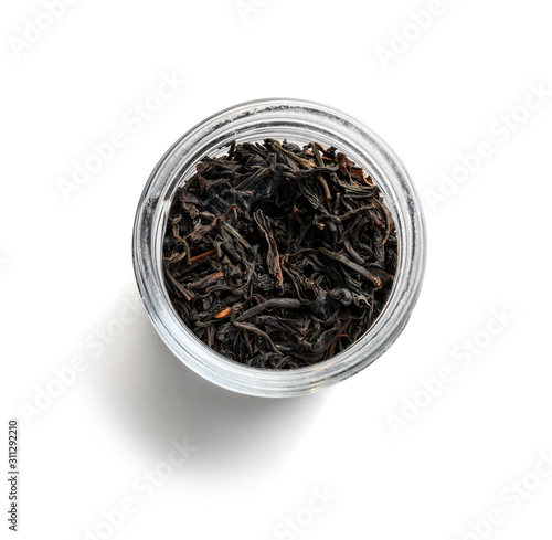 Black tea top view on white background