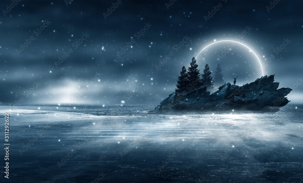 Fototapeta Futuristic night landscape with abstract forest landscape. Dark natural forest scene with reflection of moonlight in the water, neon blue light. Dark neon circle background, dark forest, deer, island.
