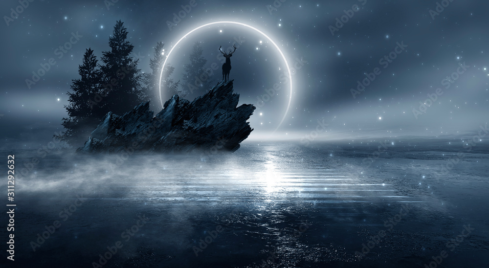 Plakat Futuristic night landscape with abstract forest landscape. Dark natural forest scene with reflection of moonlight in the water, neon blue light. Dark neon circle background, dark forest, deer, island.