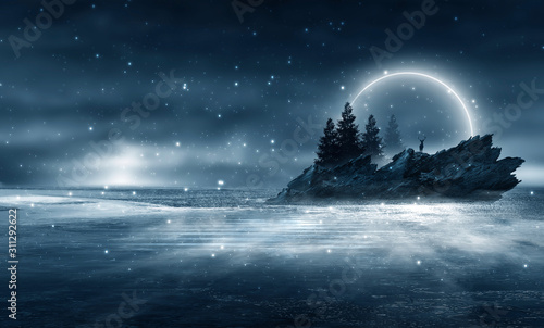 Futuristic night landscape with abstract forest landscape. Dark natural forest scene with reflection of moonlight in the water, neon blue light. Dark neon circle background, dark forest, deer, island.