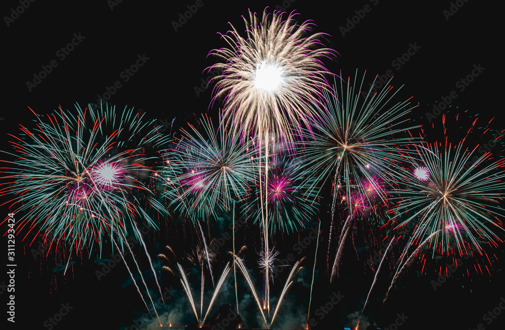 Colourful fireworks on the sky,New Year celebration fireworks background.
